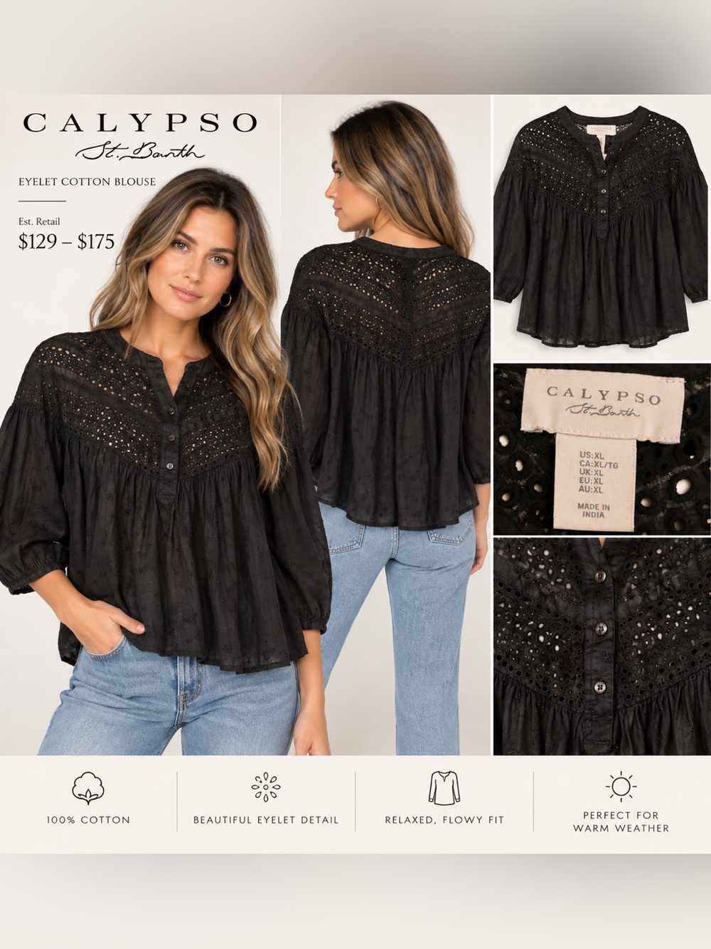 Calypso St. Barth Black Eyelet Cotton Peasant Blouse